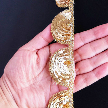 Gold Scallop Trim Embroidered With Beaded Gold Sequins, Approx. 30mm Wide - 210119L450